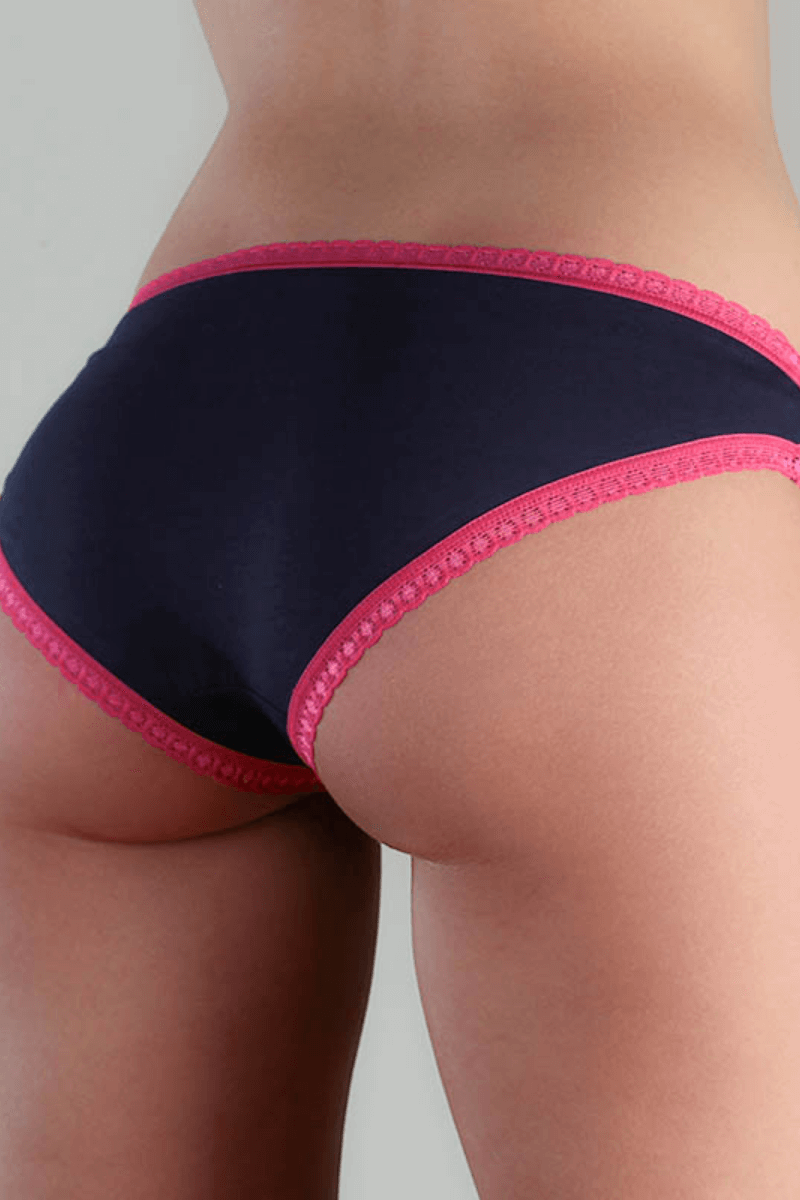 Women's briefs with lace detailing, made from organic cotton, shown on a white background. Stylish and eco-friendly lingerie from True North 1111-01