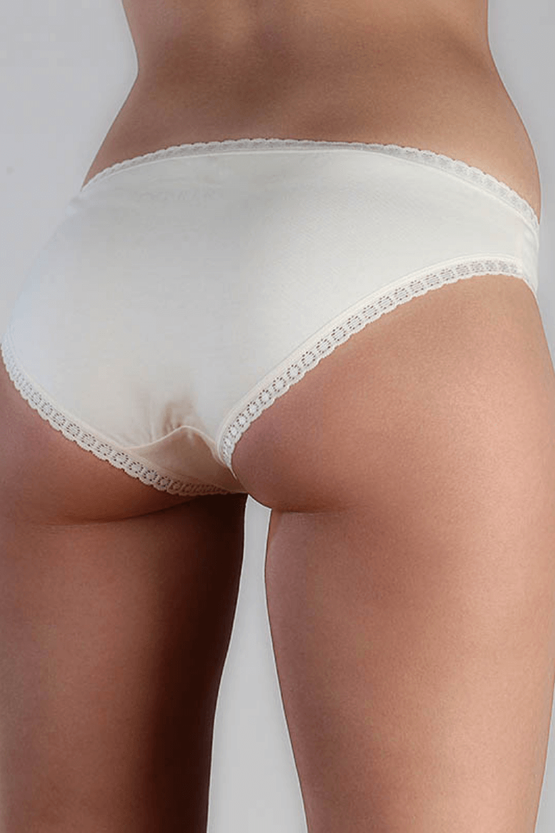 Women's briefs with lace detailing, made from organic cotton, shown on a white background. Stylish and eco-friendly lingerie from True North 1111-04