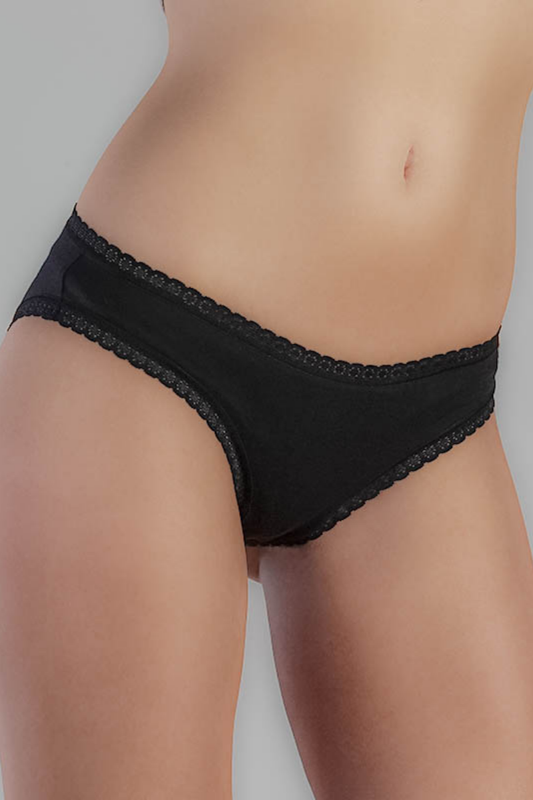 Women's briefs with lace detailing, made from organic cotton, shown on a white background. Stylish and eco-friendly lingerie from True North 1111-02