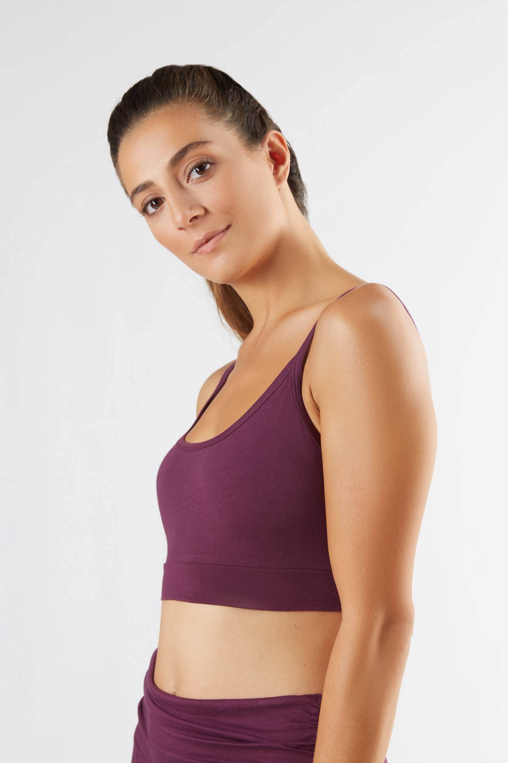 Women's bra with a supportive band, made from organic materials, shown on a plain background. Comfortable and eco-friendly lingerie from True North. 1511-028