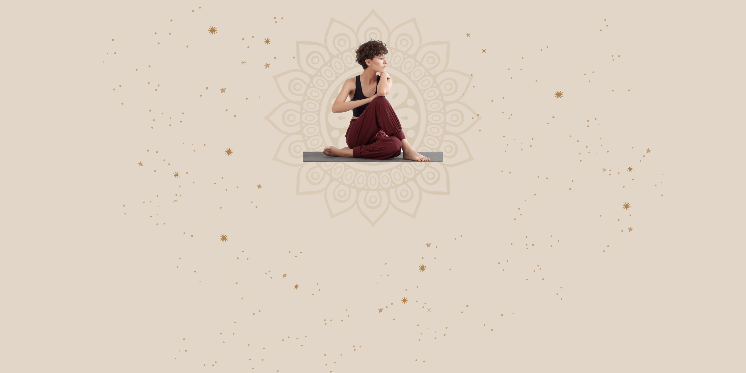 This image features a person in a seated yoga pose against a beige background with a subtle mandala design behind them. The individual is wearing a black top and maroon pants, sitting cross-legged with one arm resting on their knee and looking to the side